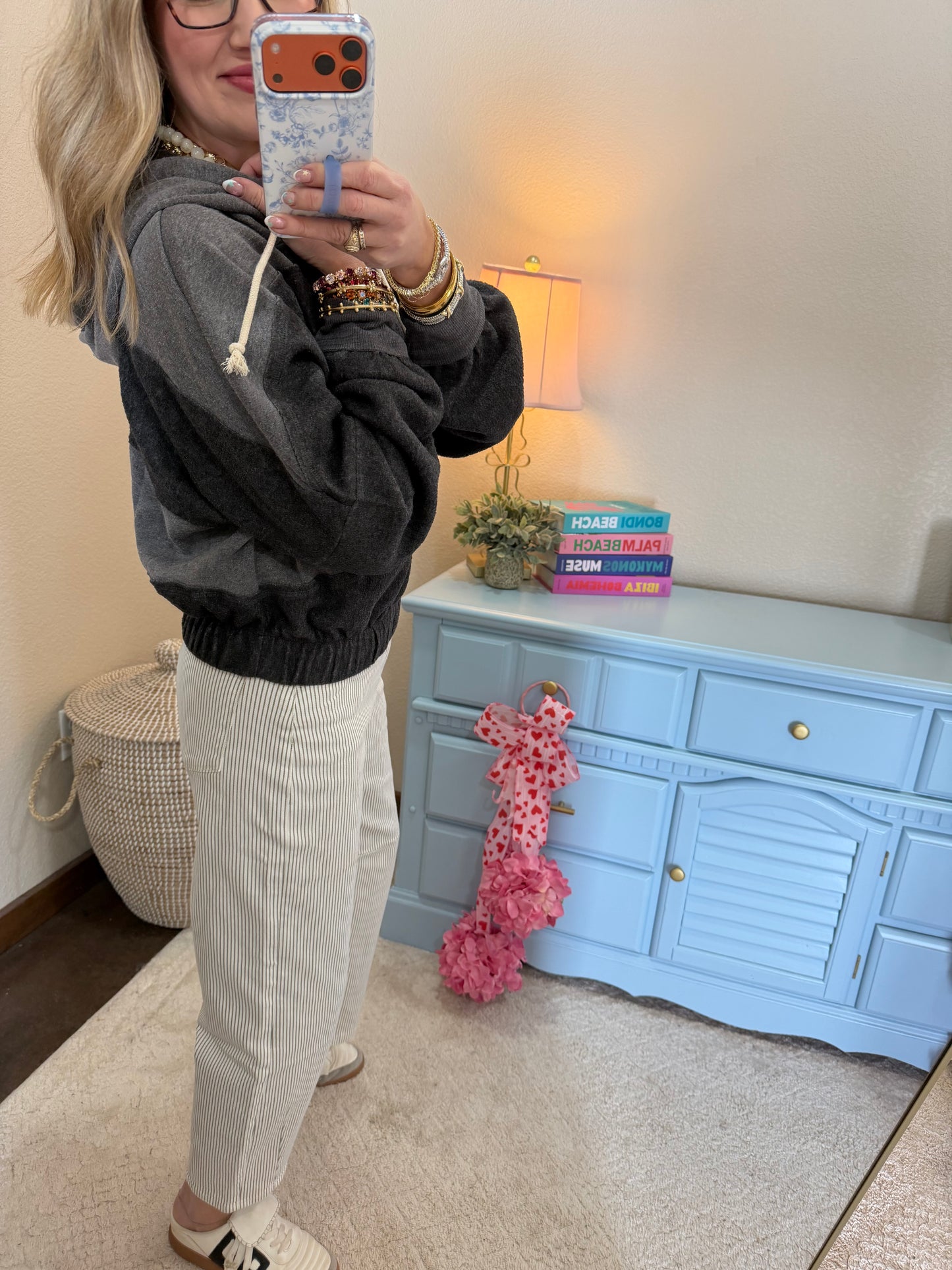 Charcoal Contrasting Elastic Waist Stitch Detail Hoodie