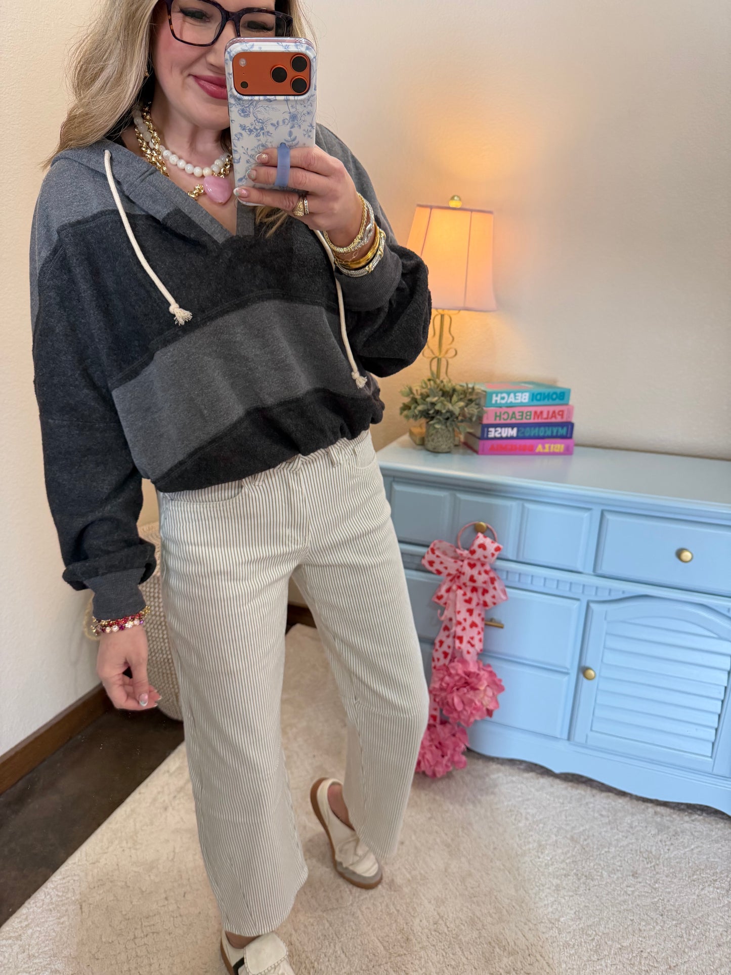 Charcoal Contrasting Elastic Waist Stitch Detail Hoodie