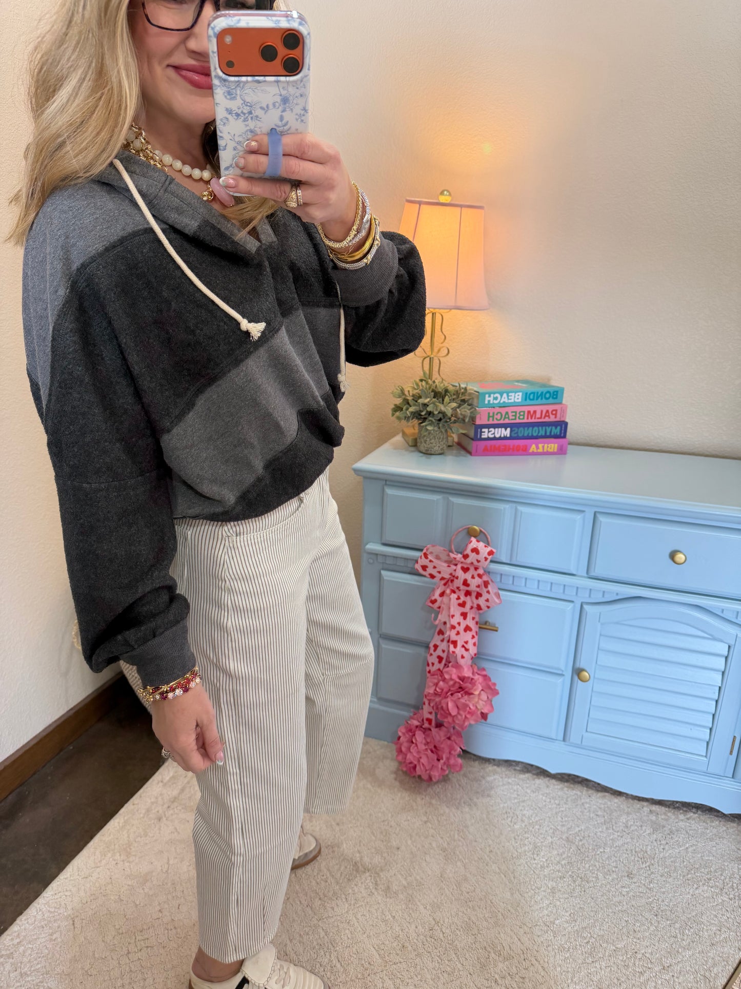 Charcoal Contrasting Elastic Waist Stitch Detail Hoodie