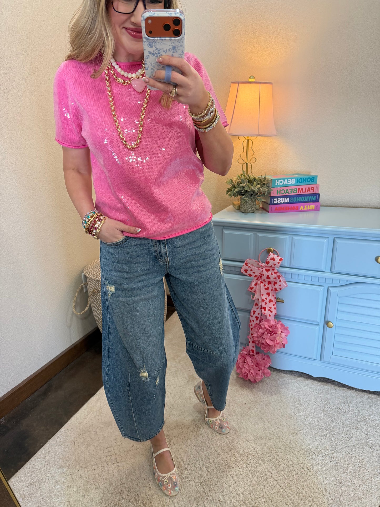 Bubble Gum Tiny Sequins Covered Sweater Top