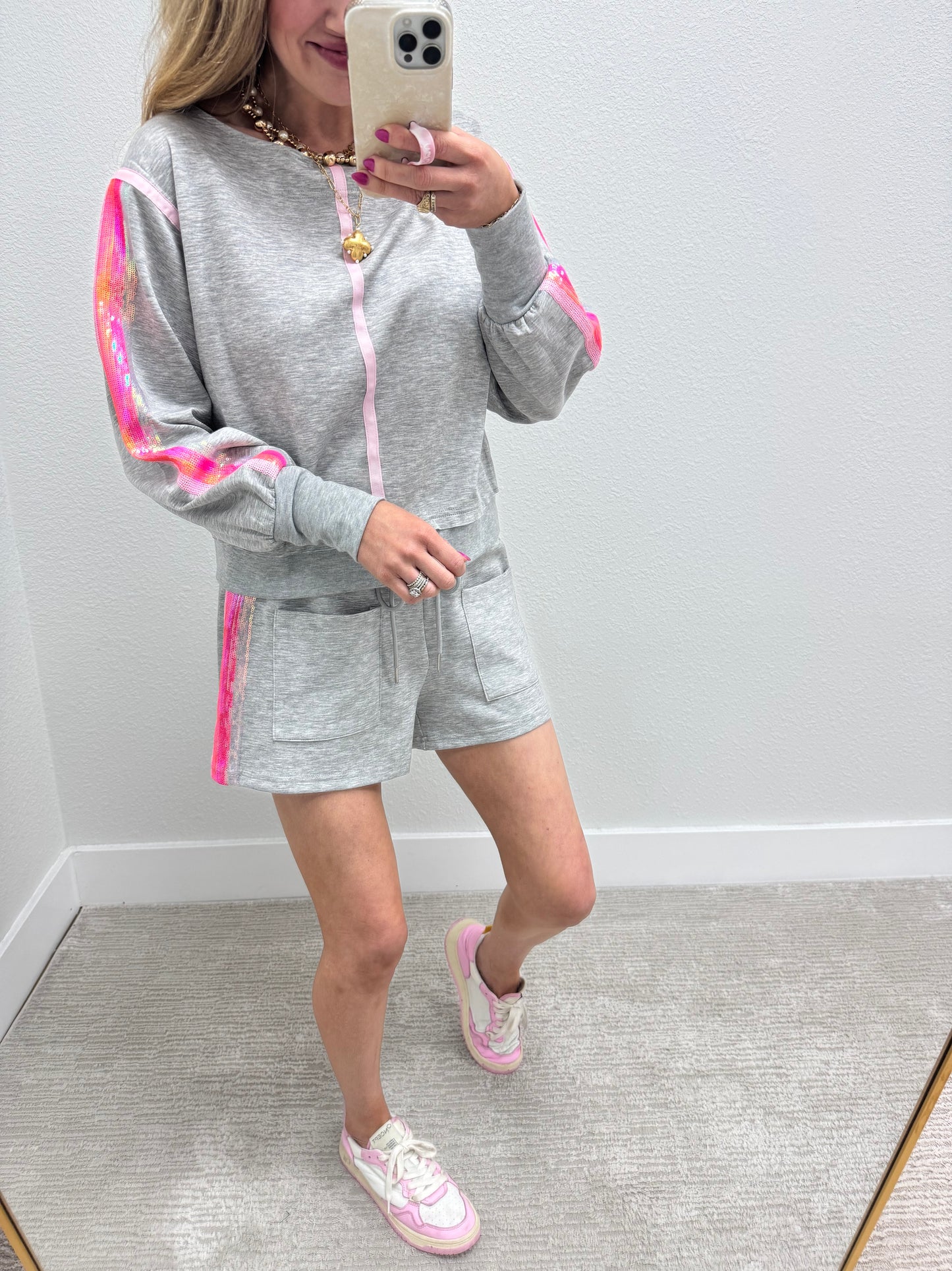 Grey Sequin Stripe Scuba Short Set