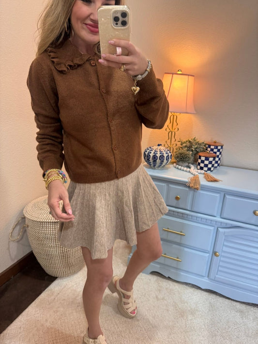 Brown Ruffle Collar Cardigan Sweater