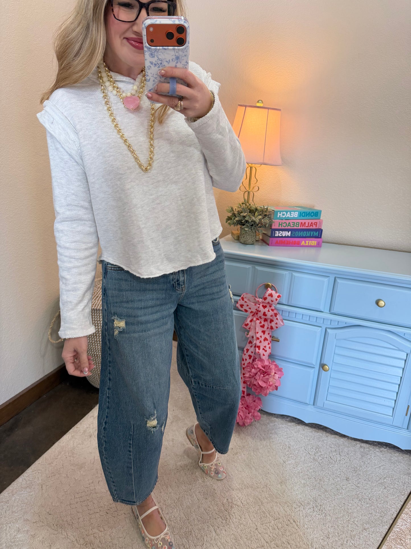 Ash Grey Cap Shoulder Detail Terry Hoodie Top