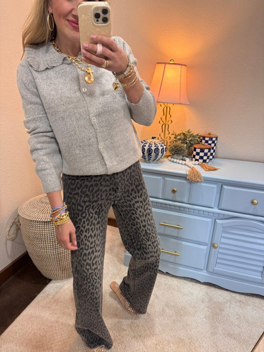  Gray Ruffle Collar Cardigan Sweater