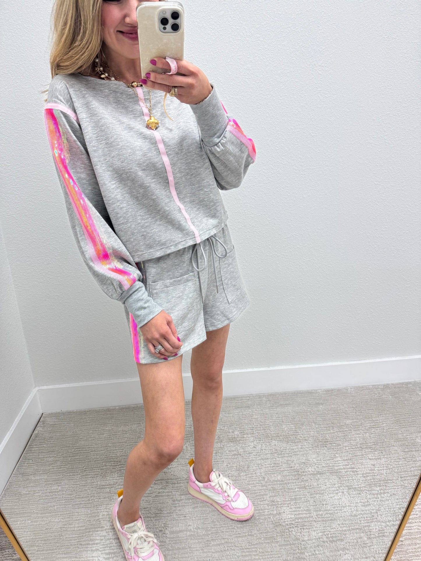 Grey Sequin Stripe Scuba Short Set