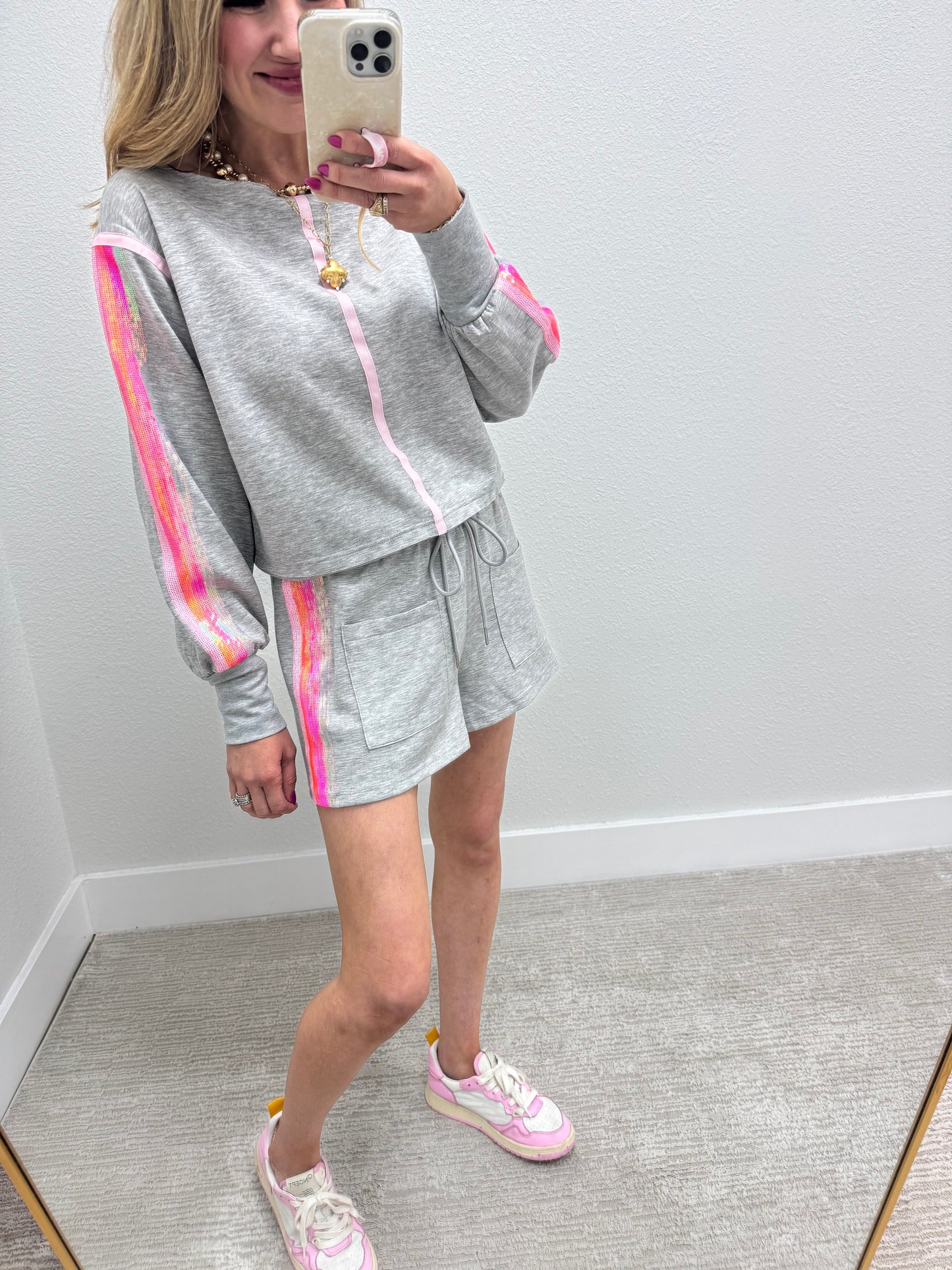 Grey Sequin Stripe Scuba Short Set