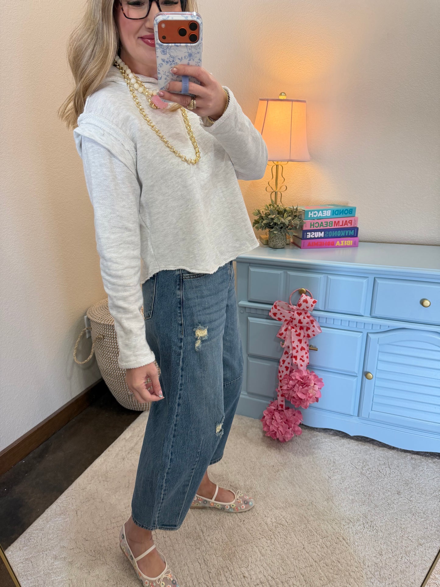 Ash Grey Cap Shoulder Detail Terry Hoodie Top