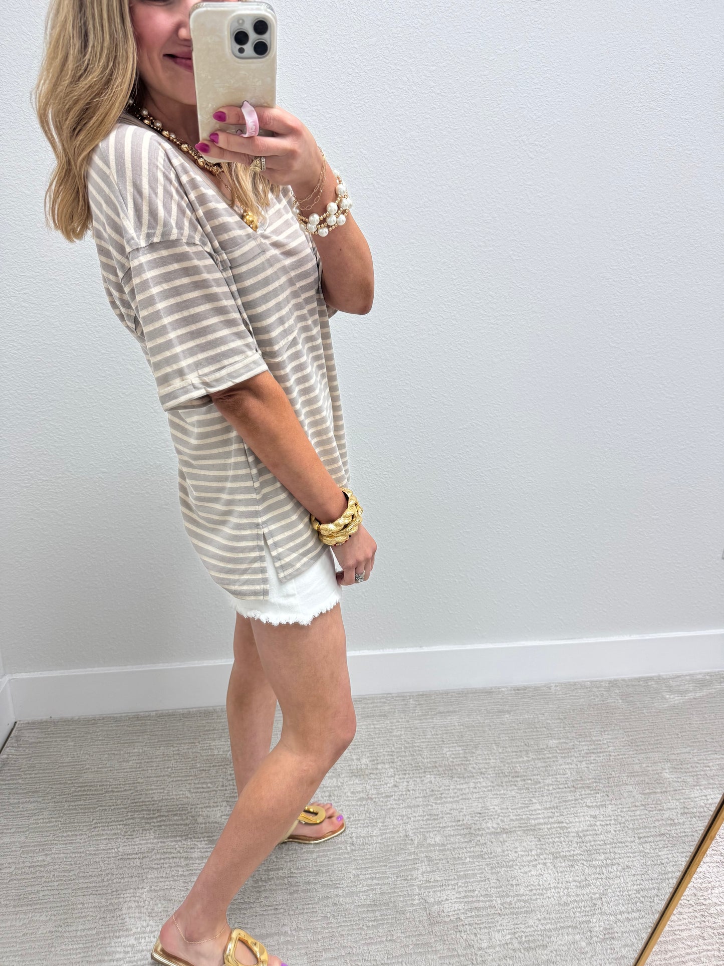 Gray Stripe V-Neck with Pocket & Side Slit Hem FS