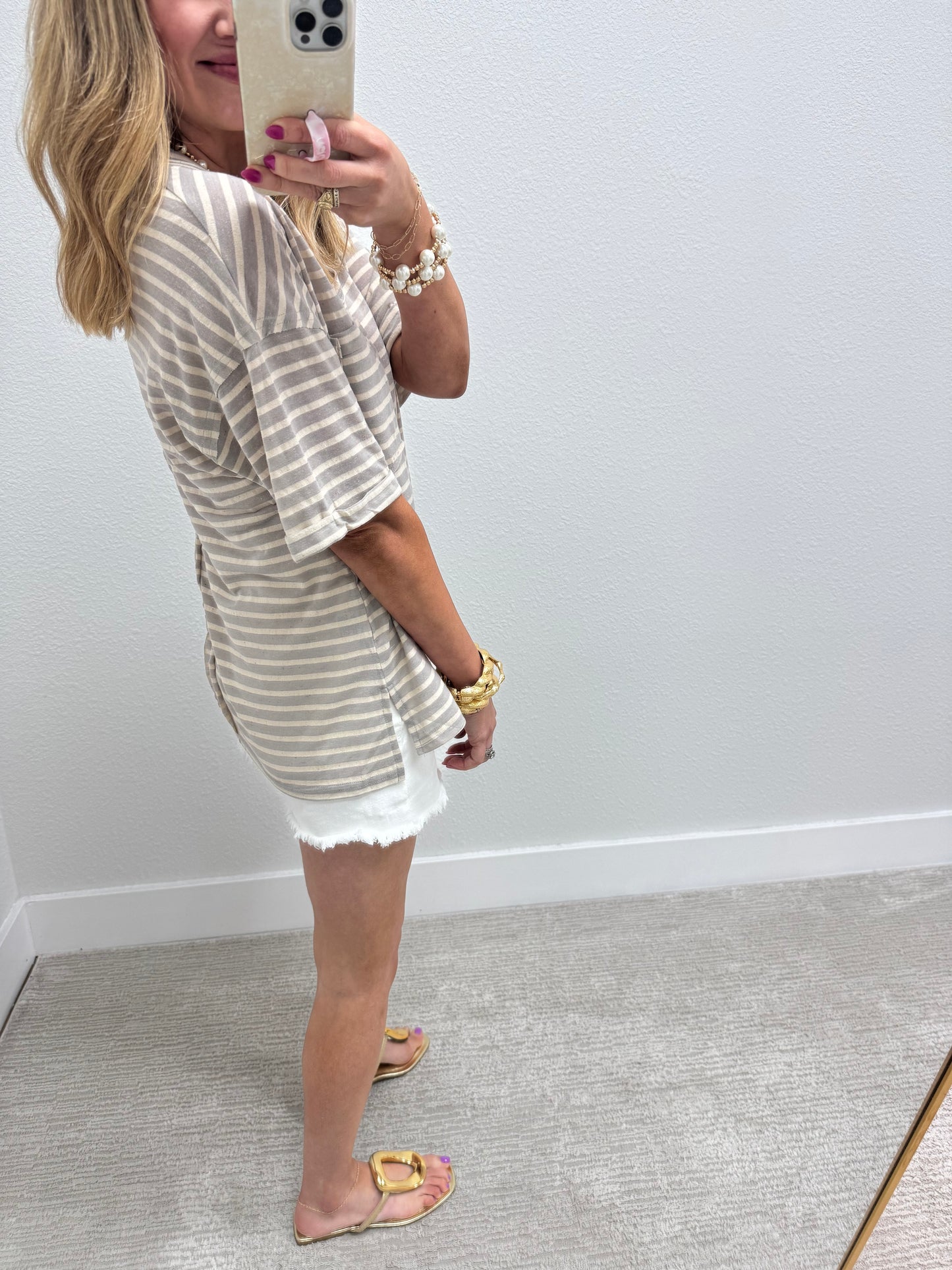 Gray Stripe V-Neck with Pocket & Side Slit Hem FS