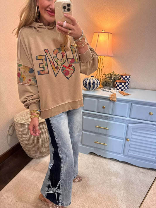 Mocha Love Patch Front Washed Terry Pullover Hoodie