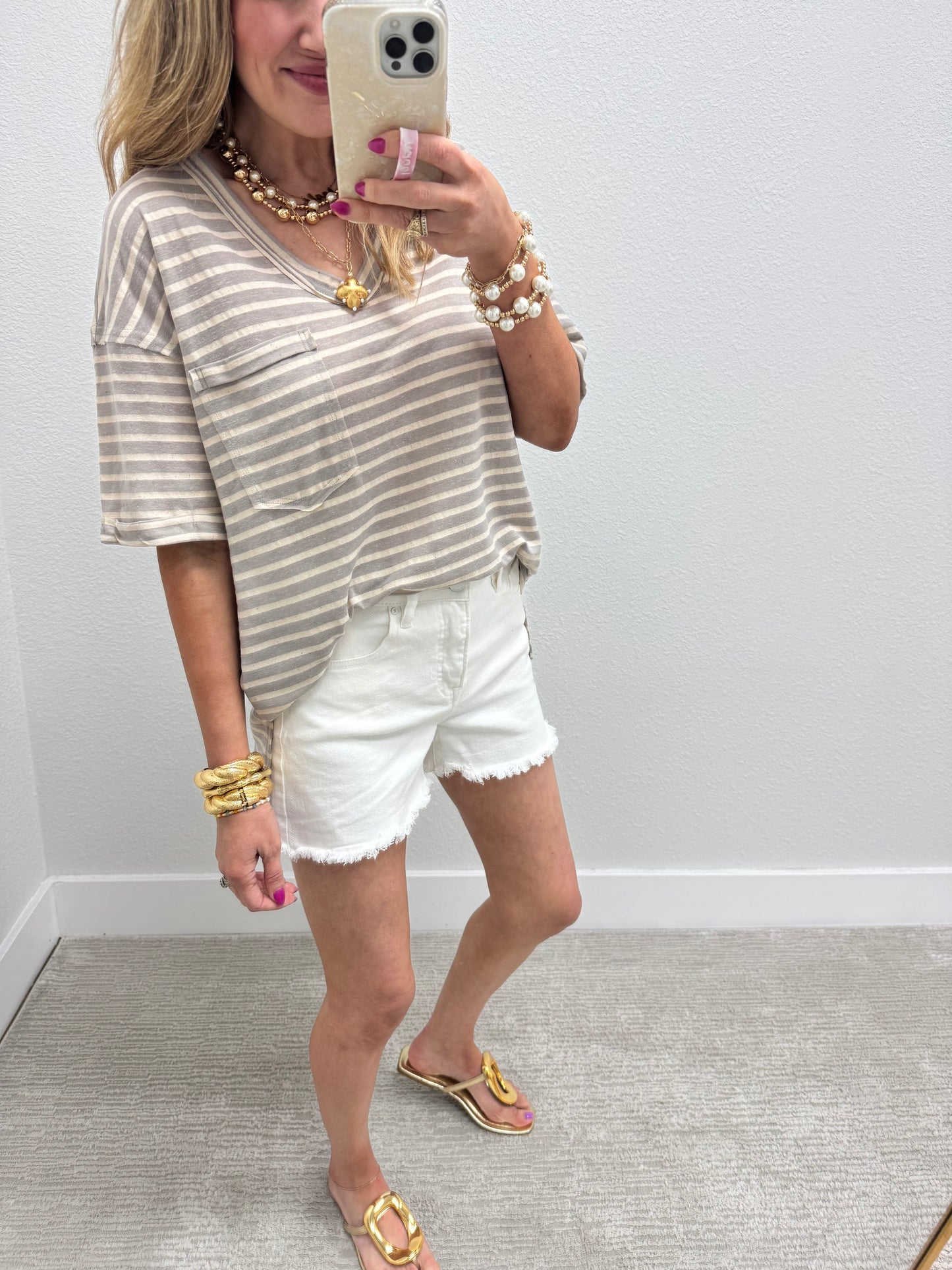 Gray Stripe V-Neck with Pocket & Side Slit Hem FS
