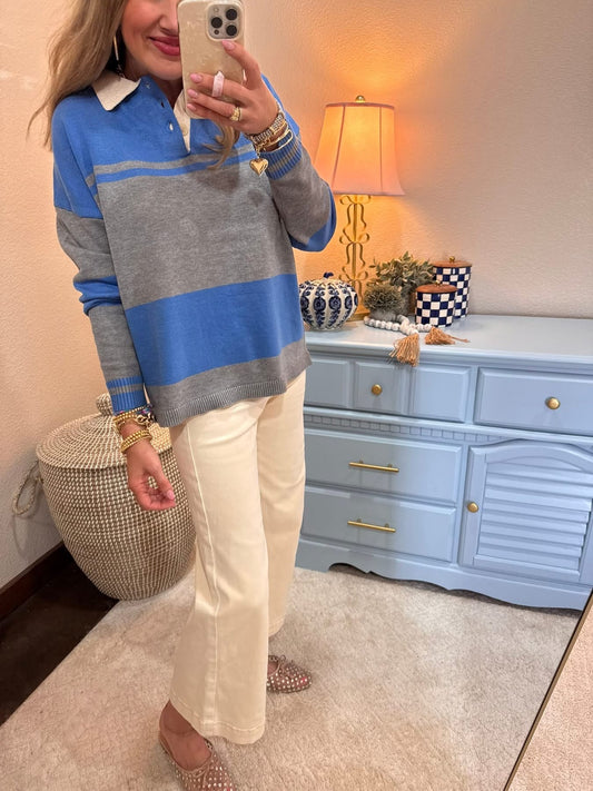 Heather Gray/Ocean Blue Contrasting Striped Sweater with Polo Collar