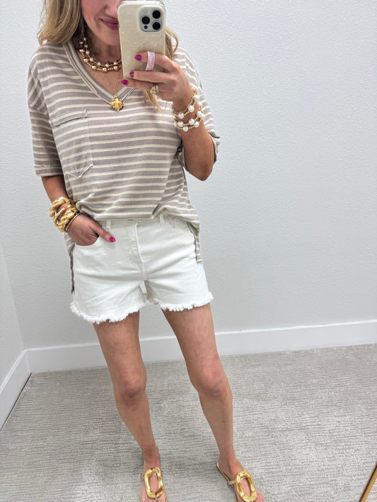 Gray Stripe V-Neck with Pocket & Side Slit Hem FS