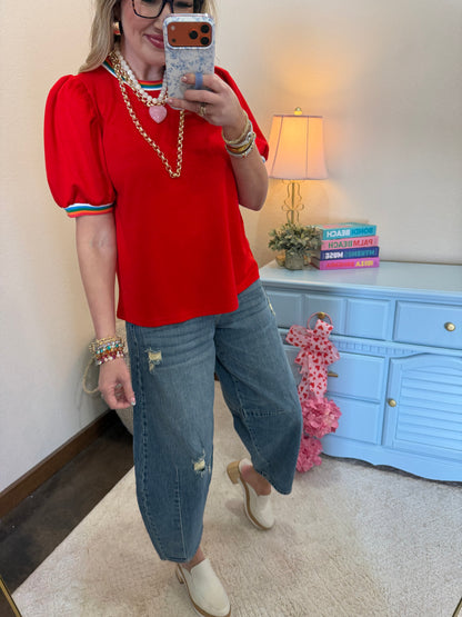 Scuba Tomato Red Colorful Round Neck Detail Top