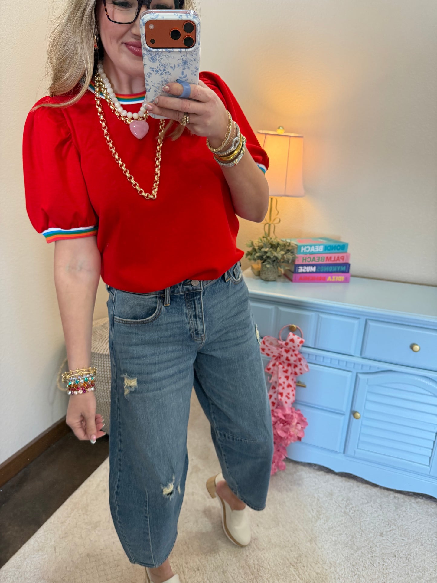 Scuba Tomato Red Colorful Round Neck Detail Top