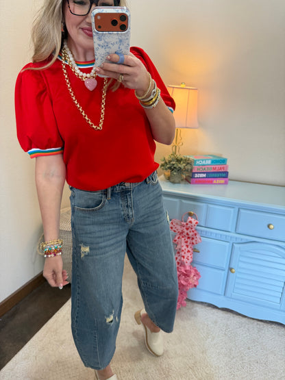 Scuba Tomato Red Colorful Round Neck Detail Top