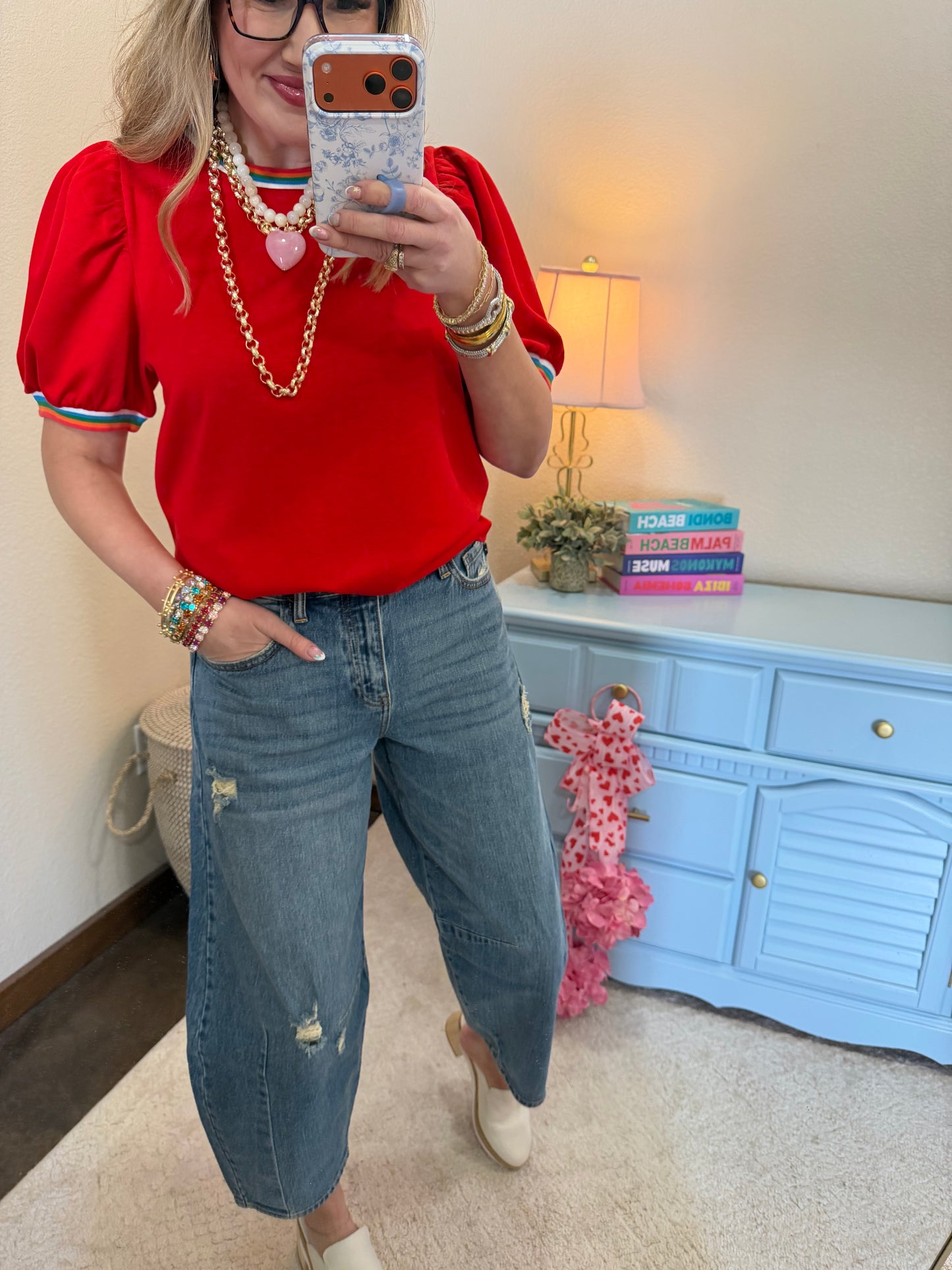 Scuba Tomato Red Colorful Round Neck Detail Top