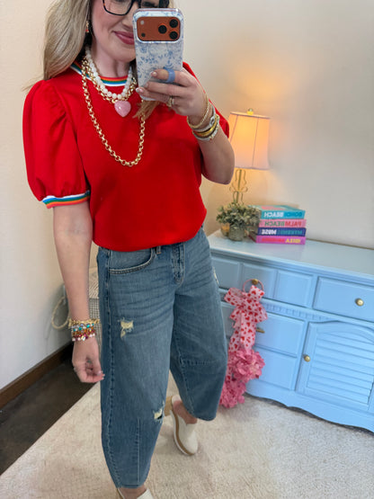 Scuba Tomato Red Colorful Round Neck Detail Top