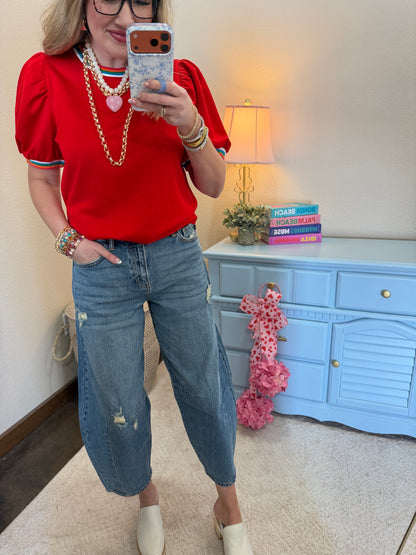 Scuba Tomato Red Colorful Round Neck Detail Top