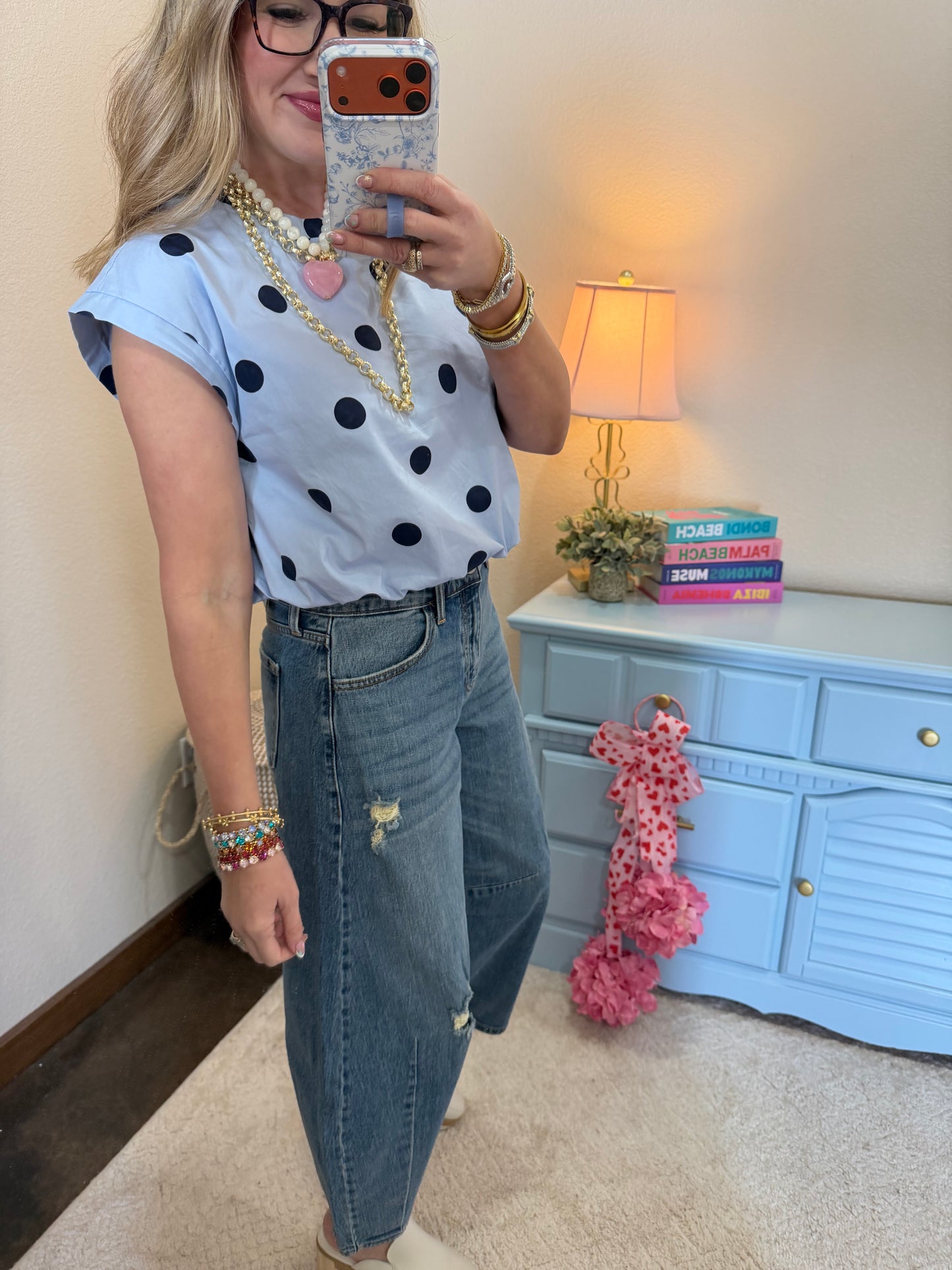 Light Blue Large Polka Dot Round Neck Band Bubble Crop Top