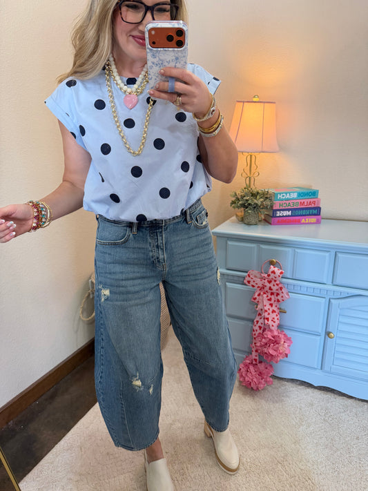 Light Blue Large Polka Dot Round Neck Band Bubble Crop Top