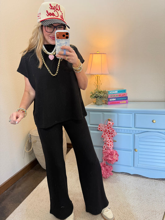 Black Raised Rib Short Sleeve Tee & Pants Set