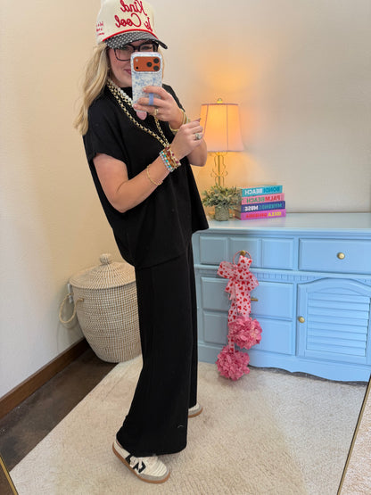 Black Raised Rib Short Sleeve Tee & Pants Set