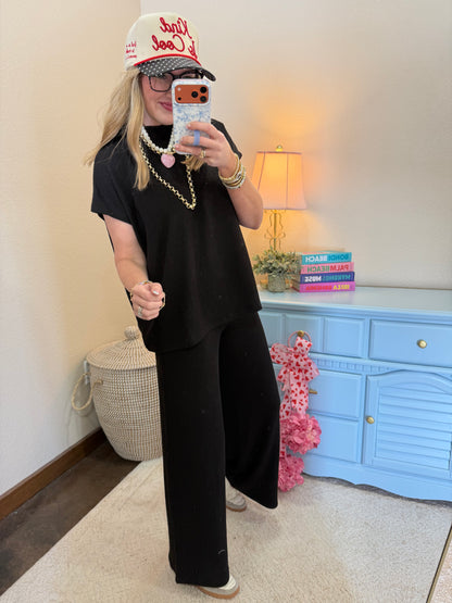 Black Raised Rib Short Sleeve Tee & Pants Set