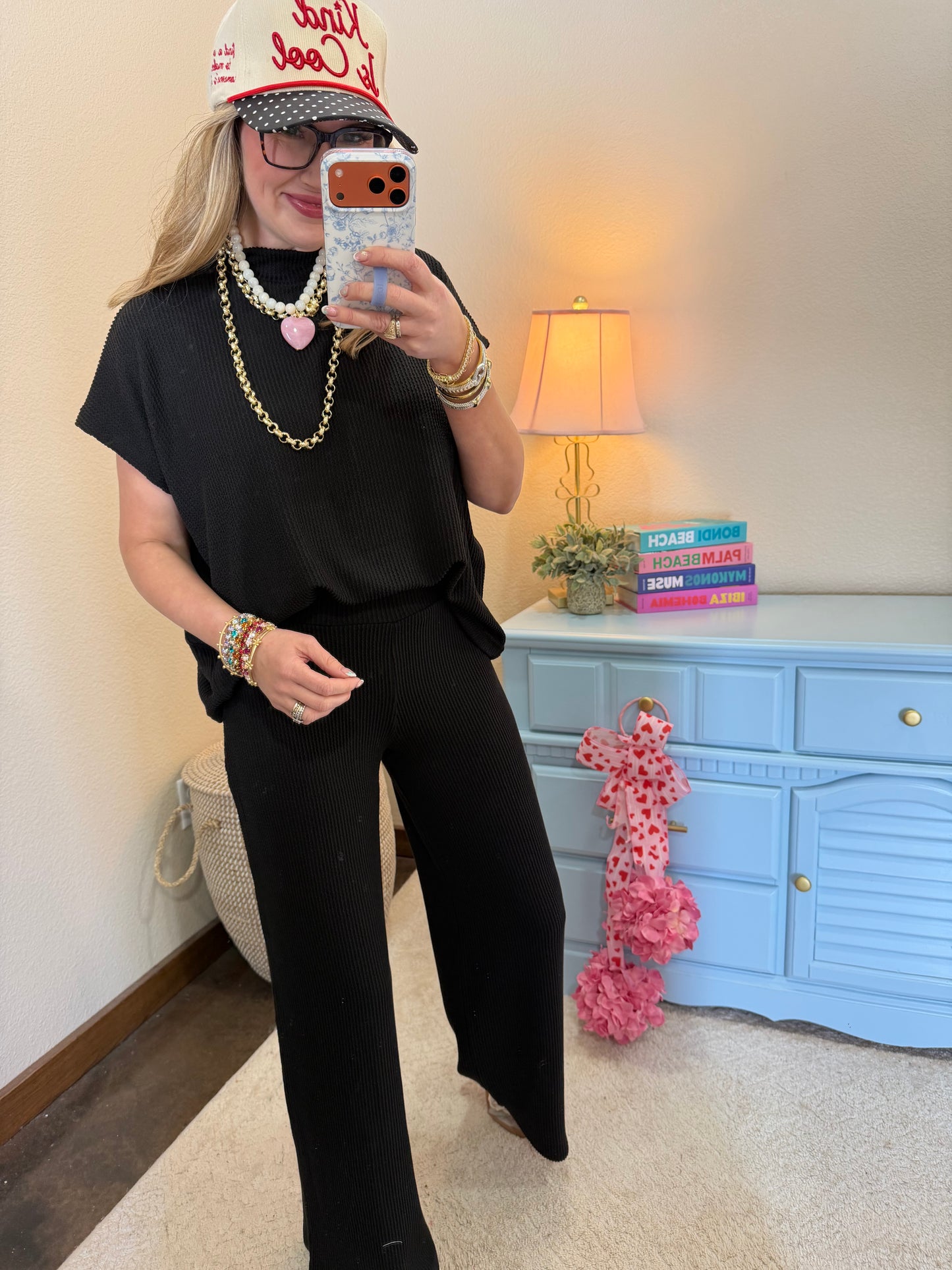 Black Raised Rib Short Sleeve Tee & Pants Set