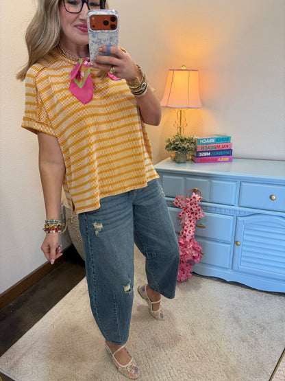 Mustard Raised Rib Stripe Exposed Hem Top