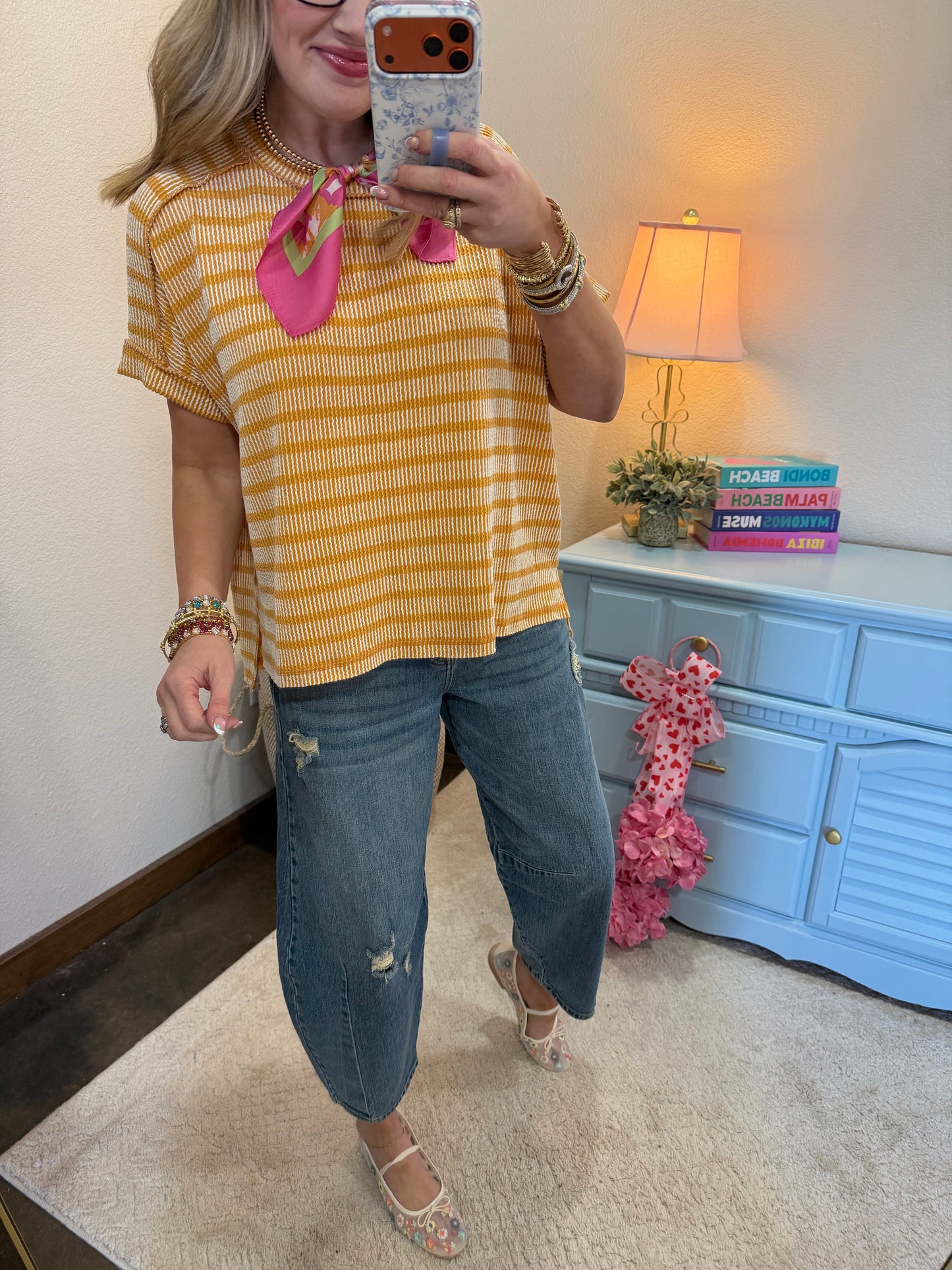 Mustard Raised Rib Stripe Exposed Hem Top