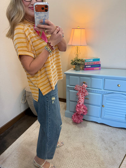 Mustard Raised Rib Stripe Exposed Hem Top