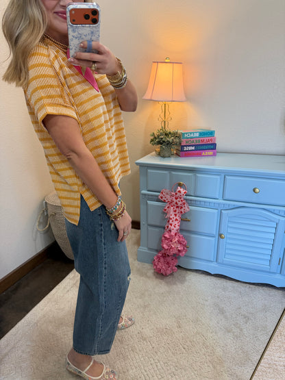 Mustard Raised Rib Stripe Exposed Hem Top