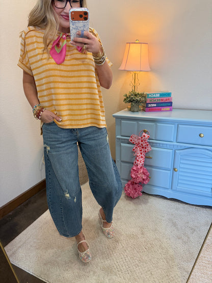 Mustard Raised Rib Stripe Exposed Hem Top