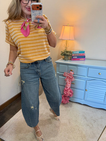 Mustard Raised Rib Stripe Exposed Hem Top