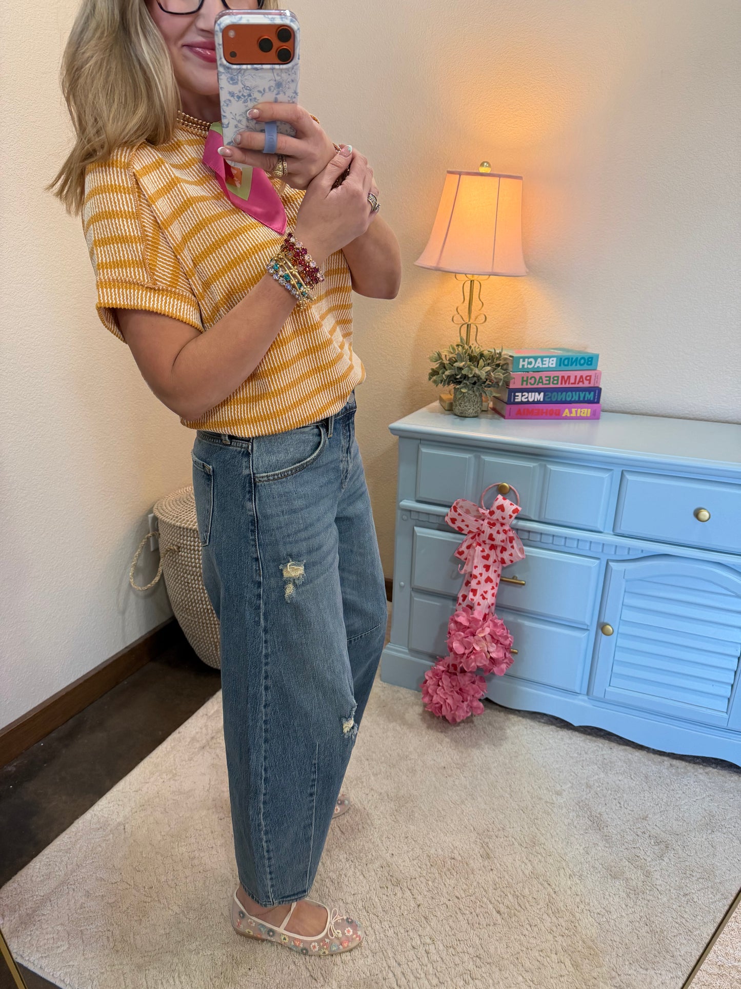 Mustard Raised Rib Stripe Exposed Hem Top