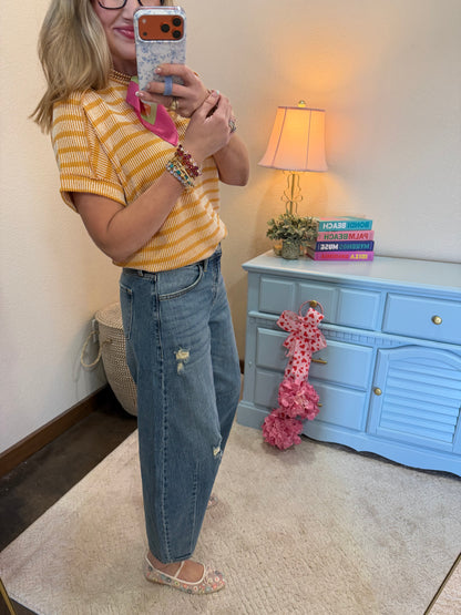 Mustard Raised Rib Stripe Exposed Hem Top