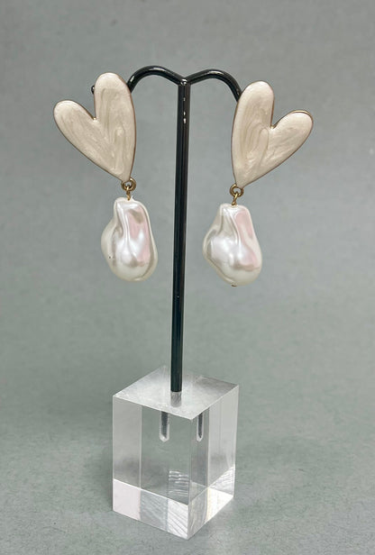 Pearl Heart Drop Down Earrings