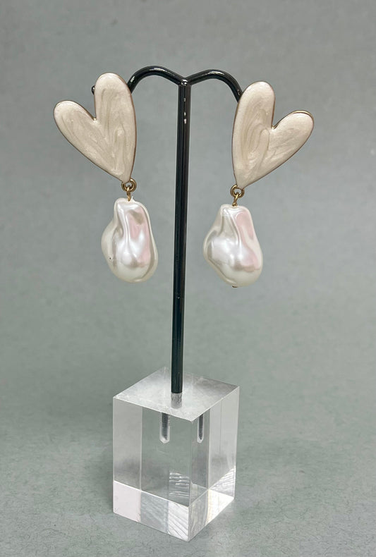 Pearl Heart Drop Down Earrings