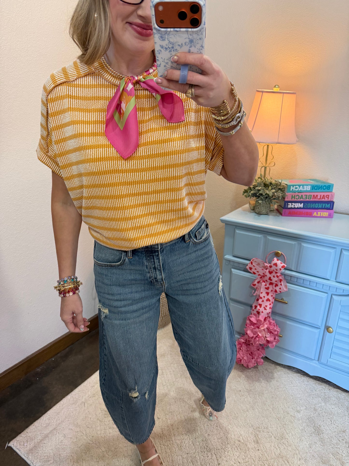 Mustard Raised Rib Stripe Exposed Hem Top