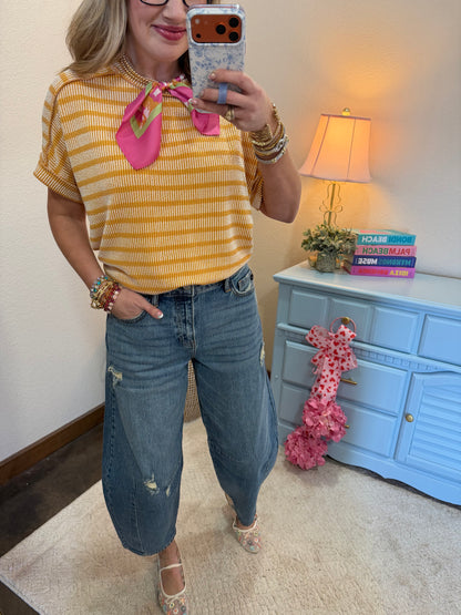 Mustard Raised Rib Stripe Exposed Hem Top