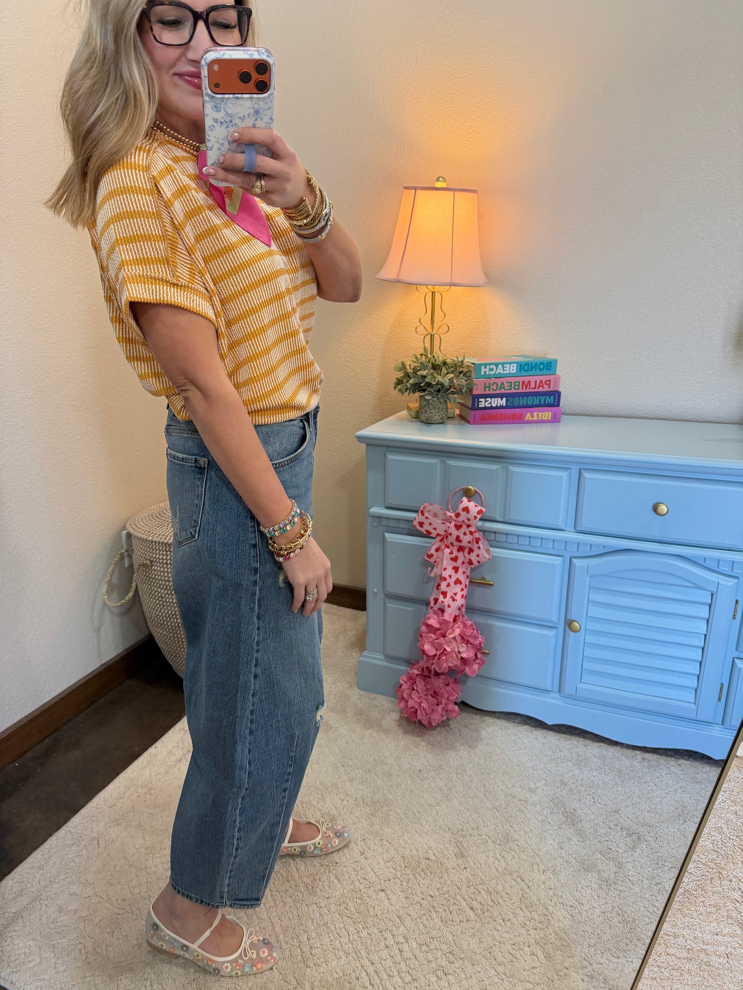 Mustard Raised Rib Stripe Exposed Hem Top