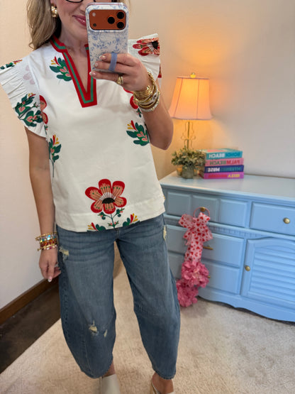 White Floral Print Flutter Sleeve Top