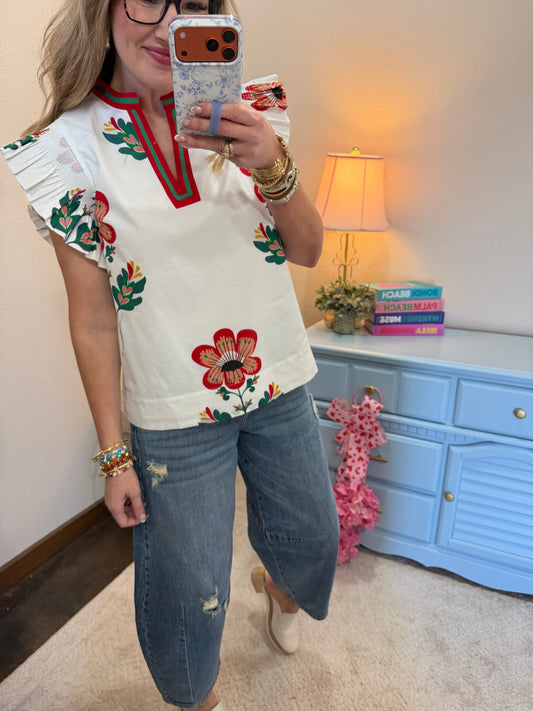 White Floral Print Flutter Sleeve Top