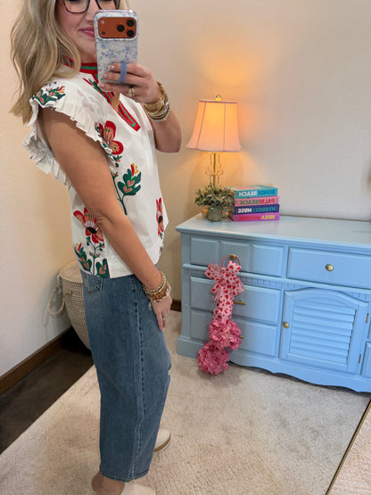 White Floral Print Flutter Sleeve Top