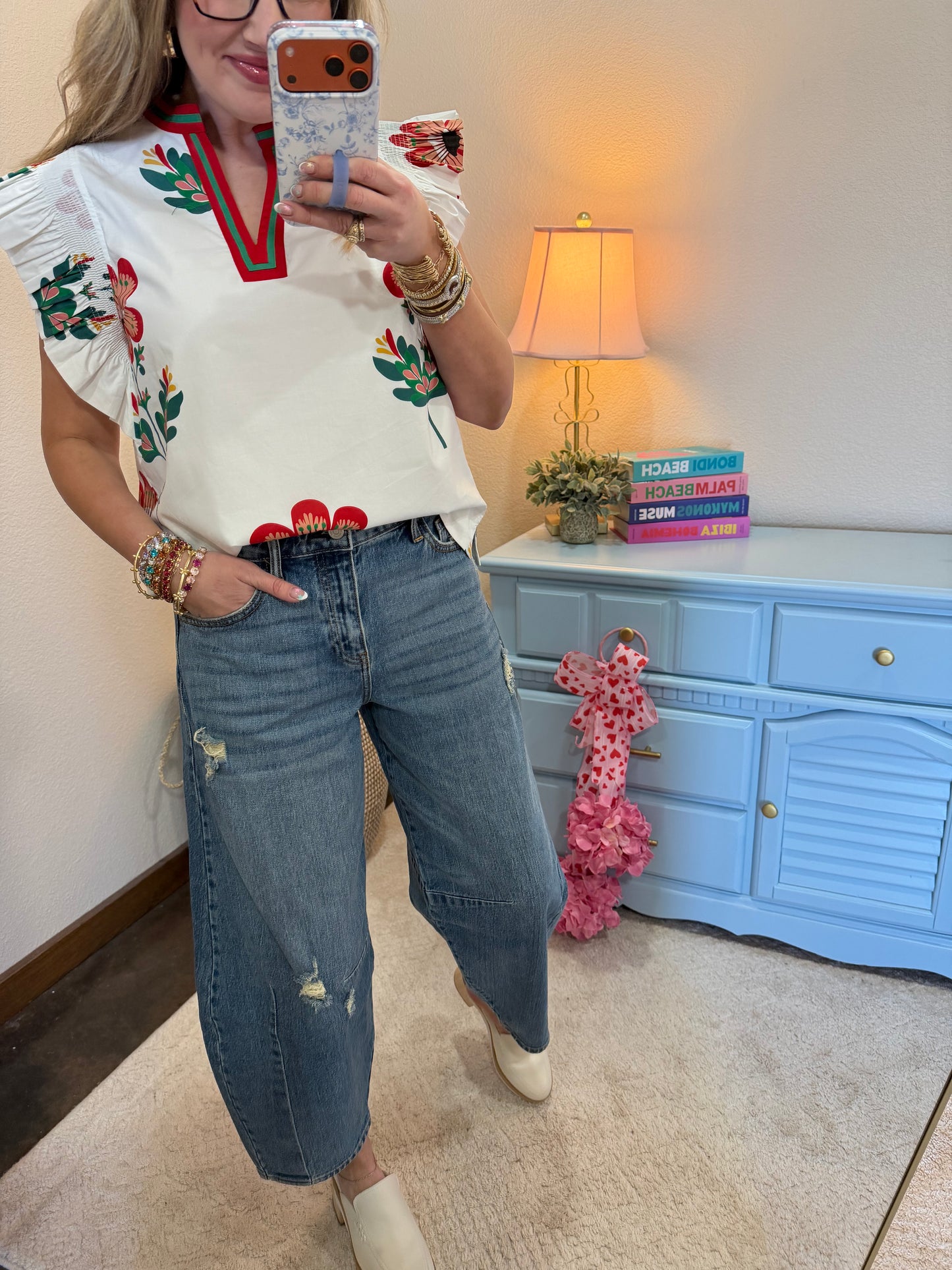 White Floral Print Flutter Sleeve Top