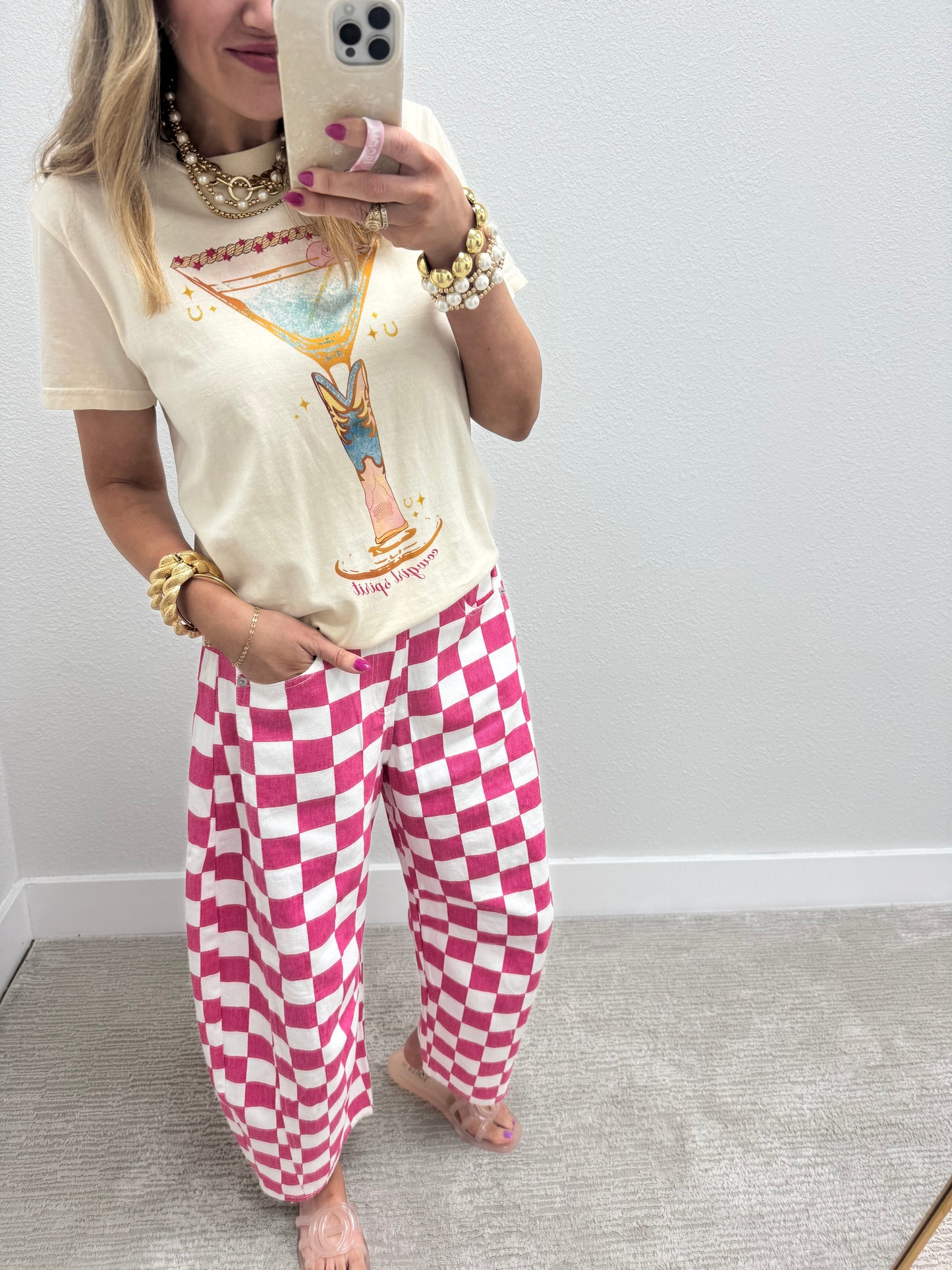 Pink and White Checkered Barrel Jeans
