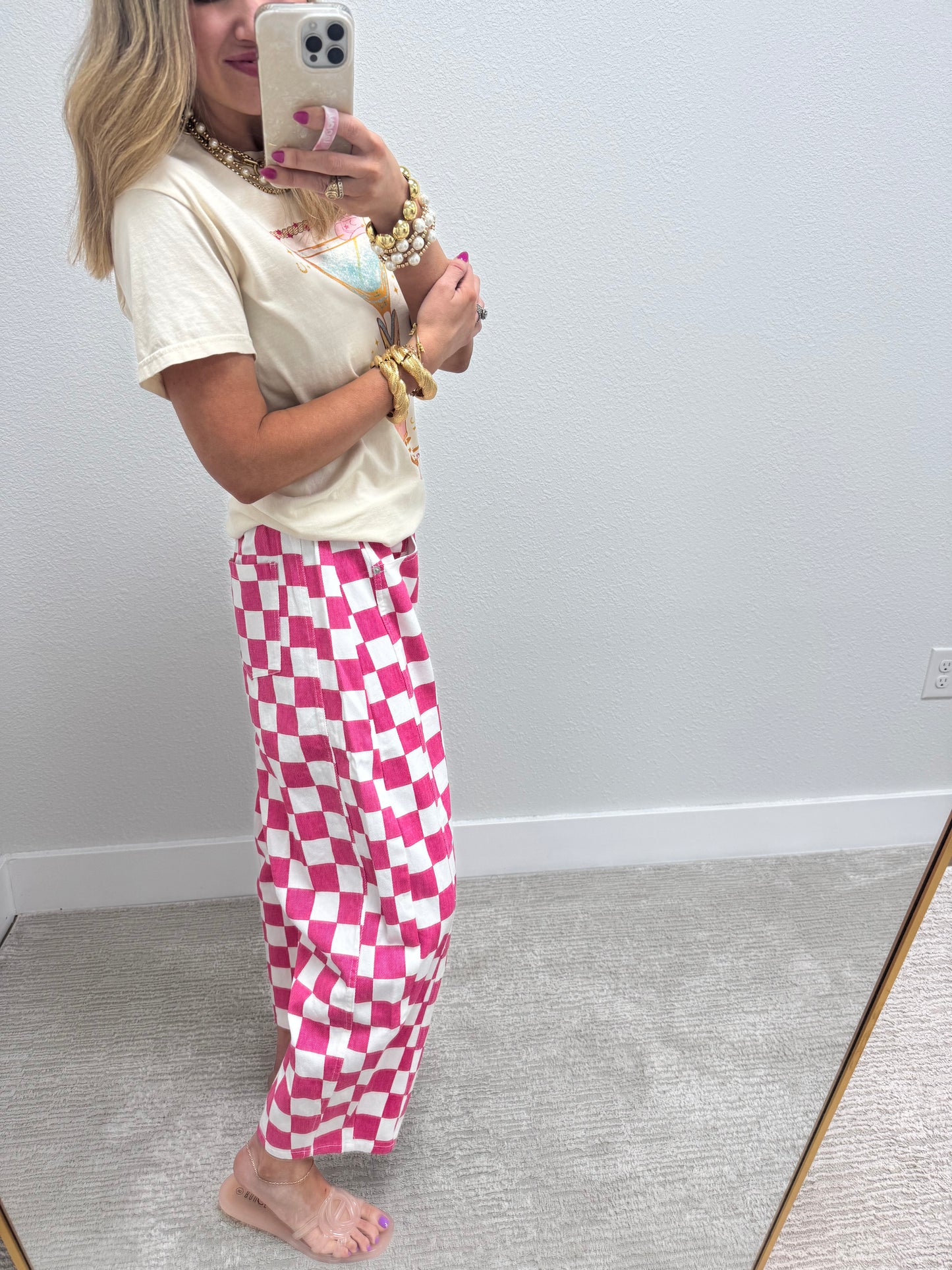 Pink and White Checkered Barrel Jeans