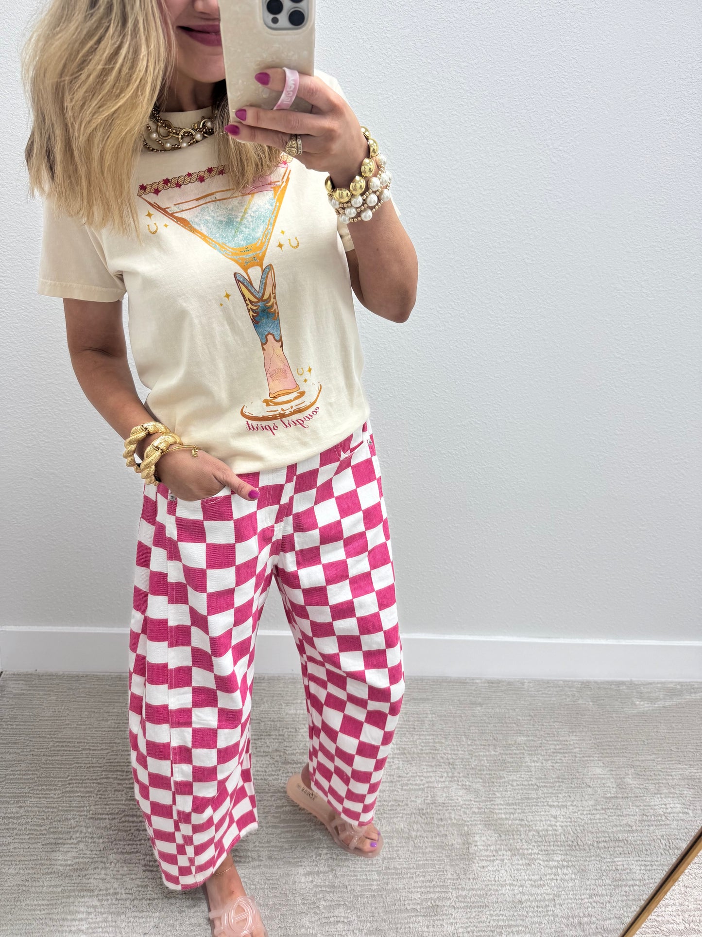 Pink and White Checkered Barrel Jeans