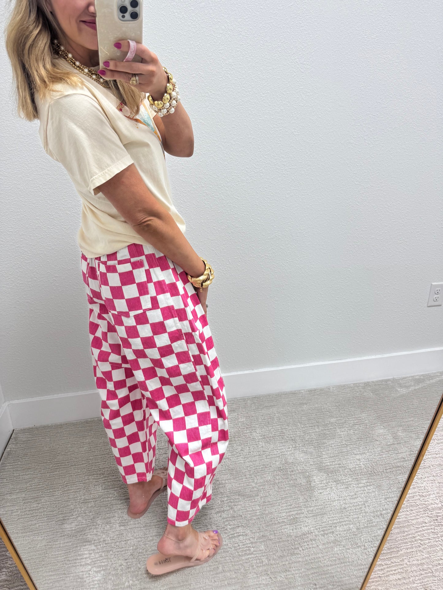 Pink and White Checkered Barrel Jeans